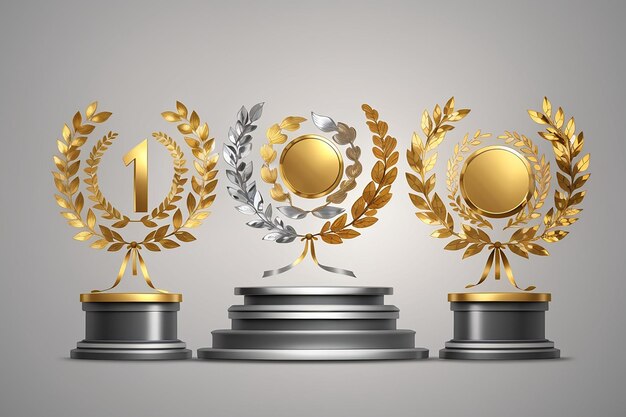 Winner background with golden silver and bronze laurel wreaths with ribbons on round pedestal isolated on gray background Vector winner podium sports symbols