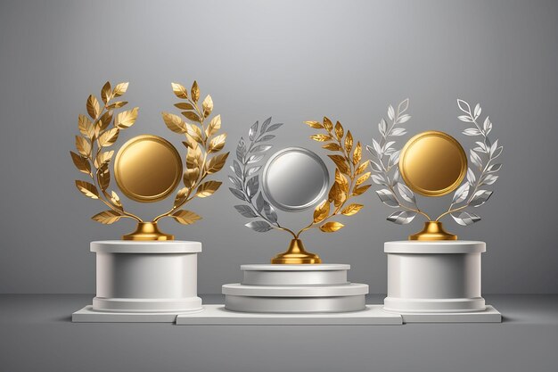 Winner background with golden silver and bronze laurel wreaths with ribbons on round pedestal isolated on gray background Vector winner podium sports symbols