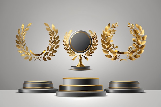 Winner background with golden silver and bronze laurel wreaths with ribbons on round pedestal isolated on gray background Vector winner podium sports symbols