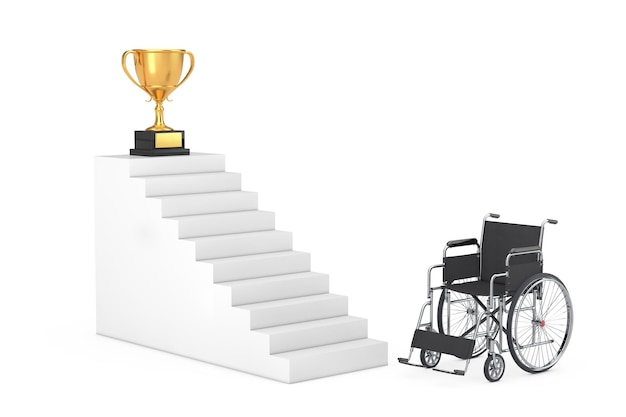 勝者のコンセプト。白い背景の上のゴールデンアワードトロフィーとターゲット階段の近くの車椅子。 3Dレンダリング