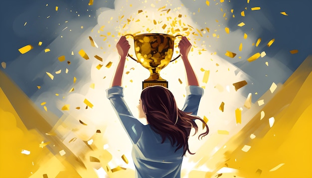 Winner girl with golden trophy holding a gold glitter paper cup