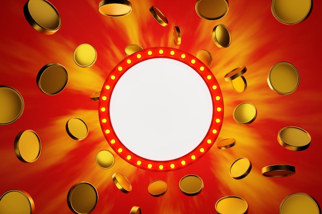 Photo winner jackpot banner red frame with light bulb popup board with gold coins flying out 3d rendering