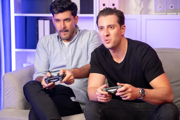 Photo winner and loser players of buddy friend gamers playing video game sellable