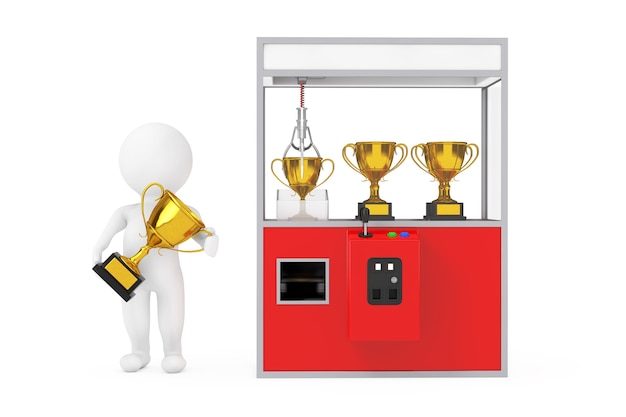 Winner Person with Golden Trophy Prize near Carnival Red Toy Claw Crane Arcade Machine with Golden Trophy on a white background. 3d Rendering
