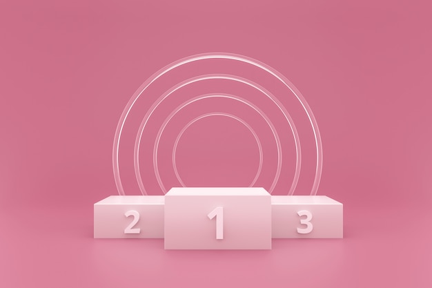 Дисплей подиума или постамента победителя на розовой предпосылке с стеклянным кольцом и концепцией успеха.