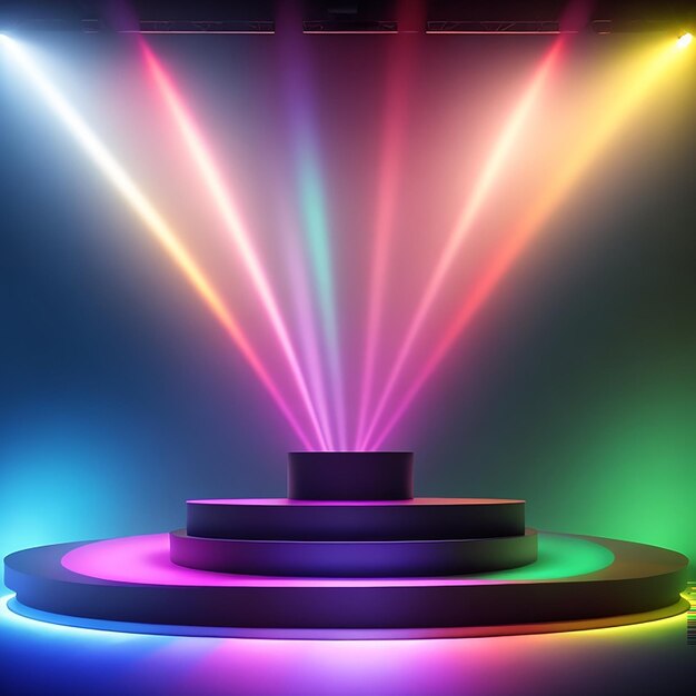 Winner stage podium illuminated by searchlights generated by AI