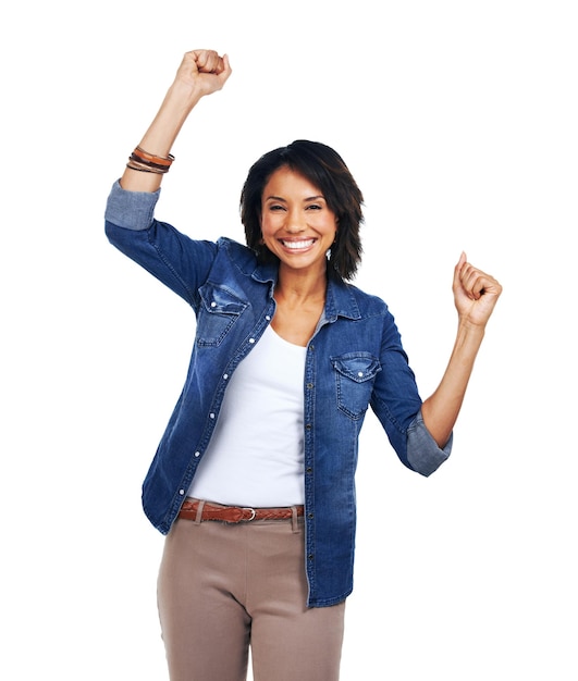 Winner success celebration and portrait of woman in studio isolated on white background Face winning and happy and excited female model celebrate victory triumph or goal achievement with a smile