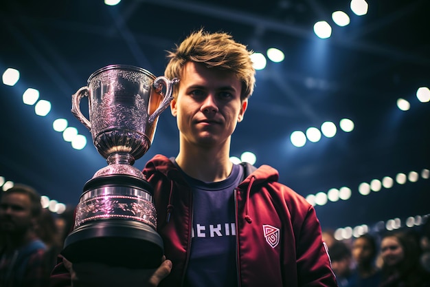 Foto vincitore del giocatore di esport maschio adolescente con una coppa al campionato di cybersport