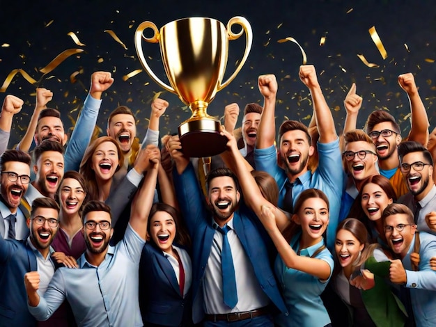Foto premio al trofeo del vincitore un gruppo di persone felici festeggia la vittoria successo aziendale risultato del dipendente