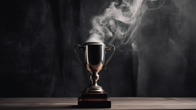 winner trophy on wood table on dark wall and white smoke background