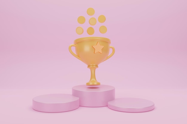 Foto vincitori con premio coppa d'oro denaro coinon sfondo rosa cerimonia di premiazione concetto di successo della vittoria rendering 3d