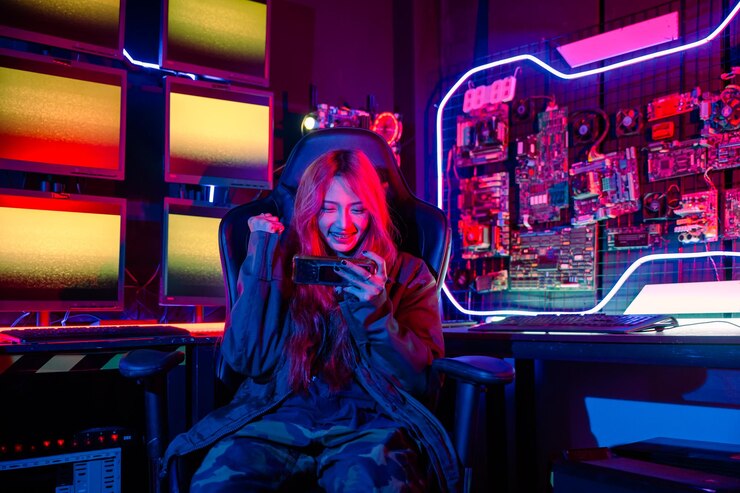 Photo 勝つ。混乱したアジア人女性がゲームルームで興奮しているゲーム用ヘッドフォンを着用し、ハッピーゲーマーがネオンライト付きのスマート携帯電話でオンラインでビデオゲームをプレイし、手を上げて勝利を祝います