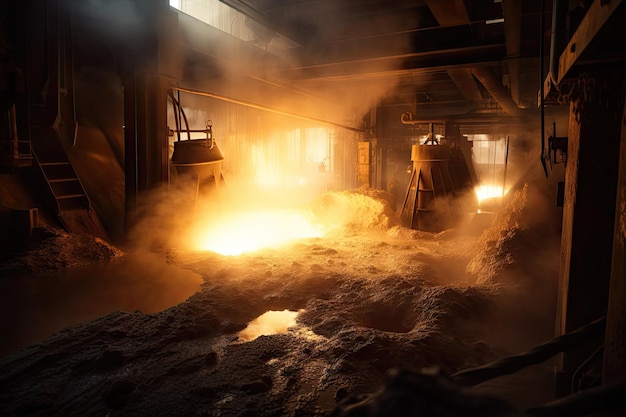Winning en verwerking van edele metalen in industriële omgeving met zichtbare rook en vuur