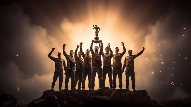 Foto la squadra vincente con la coppa del trofeo d'oro contro il sole splendente nel cielo