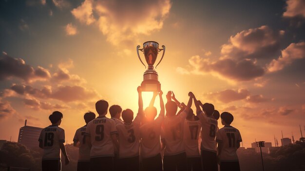 Winning team with gold trophy cup against shining sun in sky