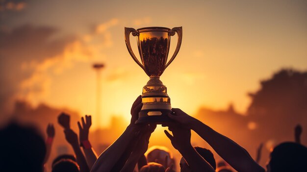 Winning team with gold trophy cup against shining sun in sky