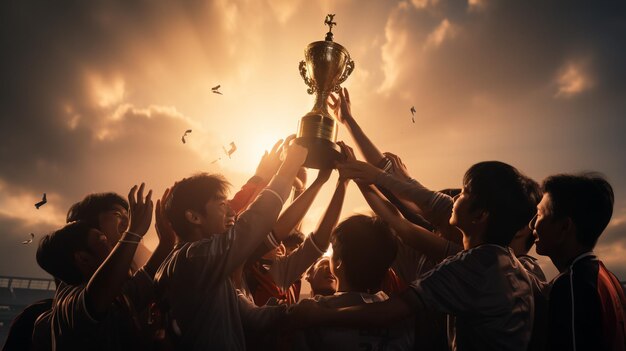 Winning team with gold trophy cup against shining sun in sky