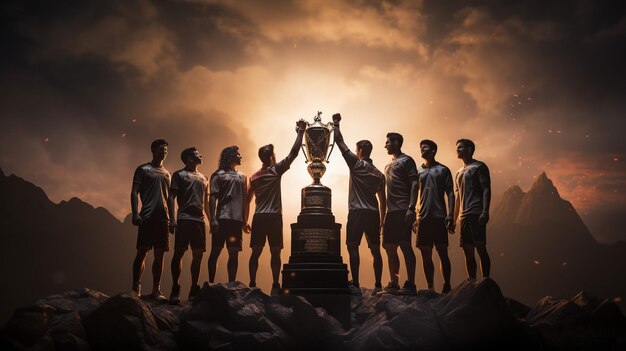 Foto squadra vincente con coppa trofeo d'oro contro il sole splendente nel cielo