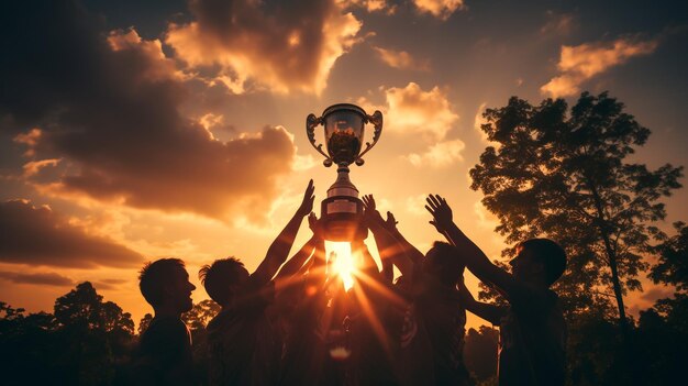 Photo winning team with gold trophy cup against shining sun in sky