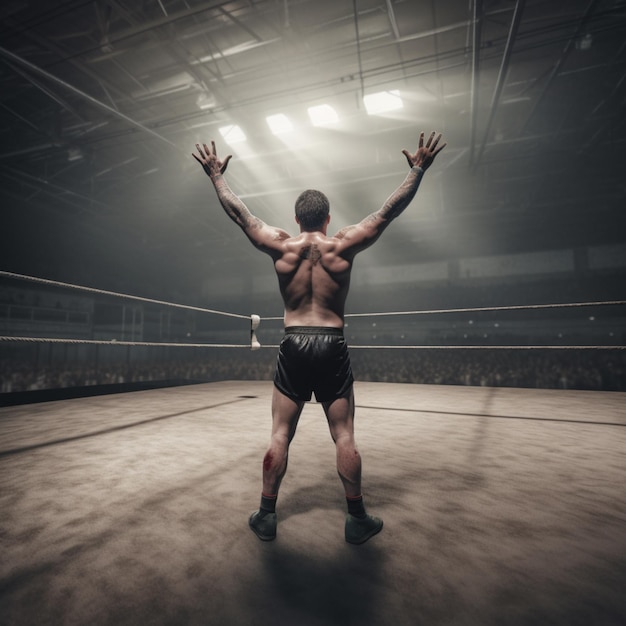 the winning wrestler raises his hands in the ring