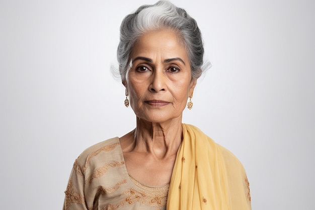Бедная пожилая индийская женщина в прекрасной курти на белом фоне
