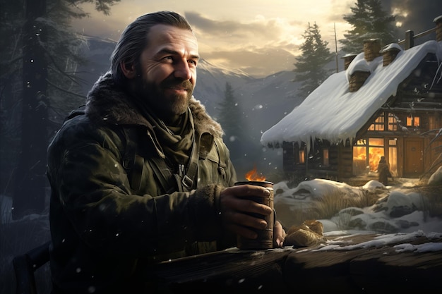 Foto avventura invernale sereno viaggiatore maschio che assapora una tazza di tè caldo vicino a un accogliente rifugio di caccia