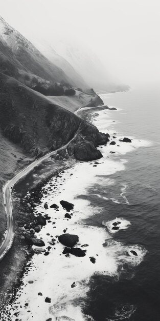 Photo winter aerial view photography of mountain and water at rocky beach