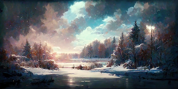 Winter aesthetic. Winter Landcaping. Digital illustration. Painting. Beautiful Scenario