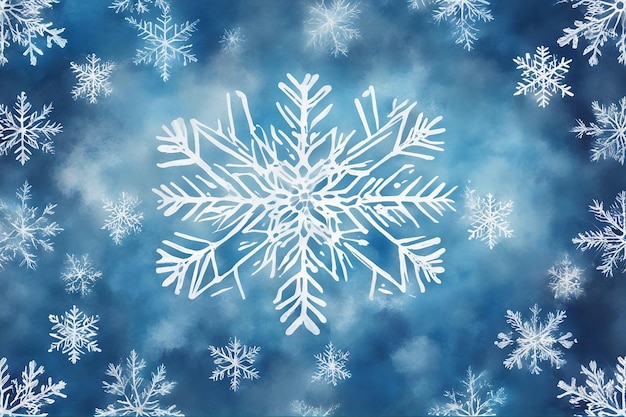 Фото Зимний и рождественский фон из снежинок на синей акварели