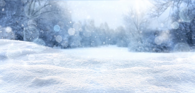 Фото Зимний и рождественский снежный фон с сугробами и заснеженным размытым лесом. холодный зимний пейзаж со свободным пространством.