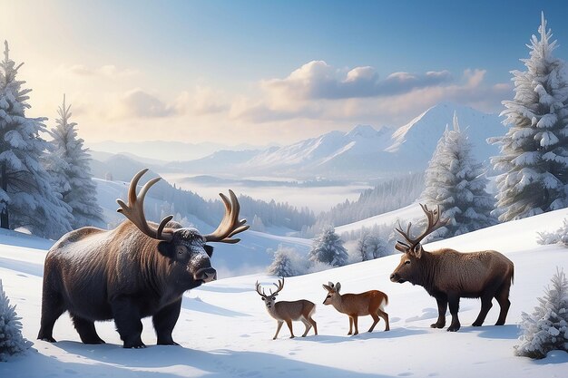 Winter animals in a snowy landscape New year concept backgrounds with copy space