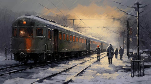 Winter aquarel schilderij van digitale kunst bemande trein in Japan