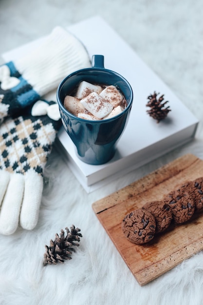 Winter and autumn hot drink Hot chocolate or cocoa with marshmallow and cookies