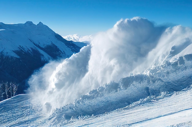 極限状態の山頂からの冬の雪崩