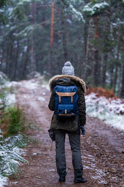 Winter avontuur meisje in grijze hoed en groene jas wandelingen besneeuwde bos pad