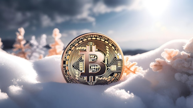 Foto immagine di sfondo invernale di bitcoin con spazio per il testo di sfondo generata dall'ia