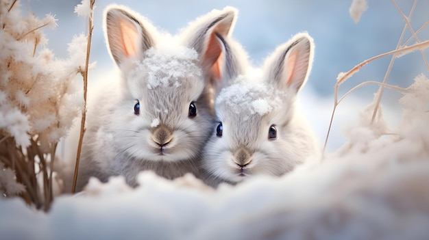 Winter background bunnies frame art with space for text background image AI generated