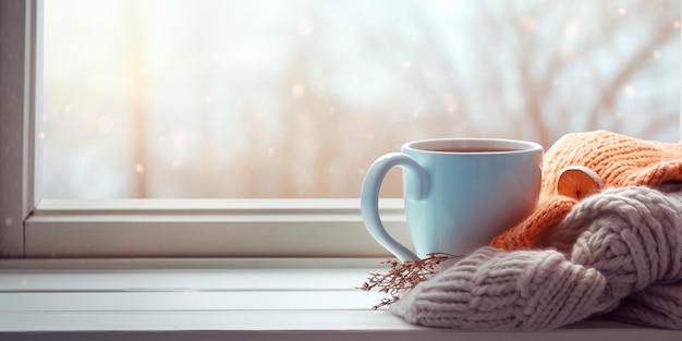 Winter background cup with candy cane woolen scarf and gloves on windowsill and w Generative AI