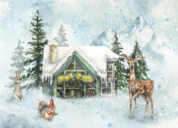 Winter background illustration  forest snow country house mountains wild animals