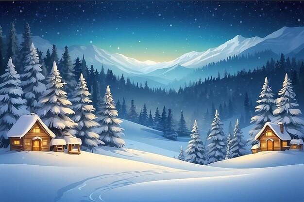 Winter background Merry Christmas and happy New Year greeting card with copyspace Christmas landscape fir trees