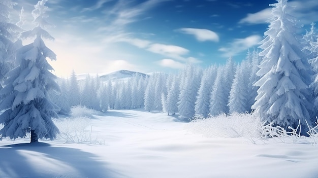 winter background of snow and frost with landscape of forest