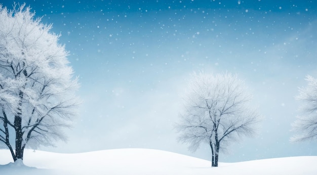 Winter background of snow and frosted trees Copy space AI generative