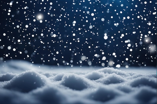 Winter background sparkling falling snow against a dark blue sky and white snowdrifts