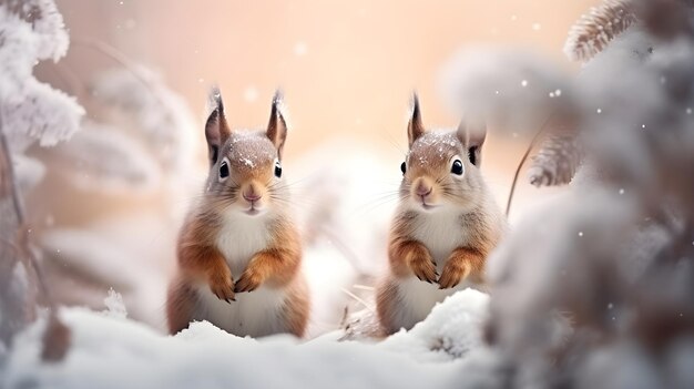 Winter background squirrels frame art with space for text background image AI generated