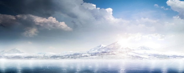 Winter background Winter Mountains landscape with ice and hills Beautiful ice background Realistic ice and snow on mountain Rink Reflection