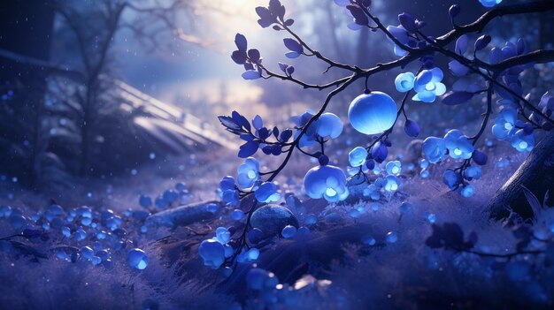 Winter background with blue berries and snowflakes