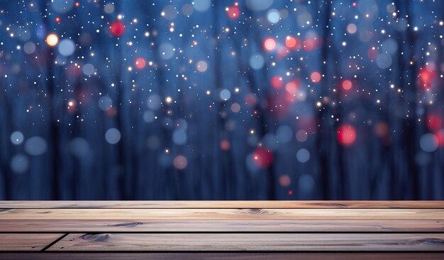 Winter background with bokeh lights and wooden background in the style of light sky blue and red