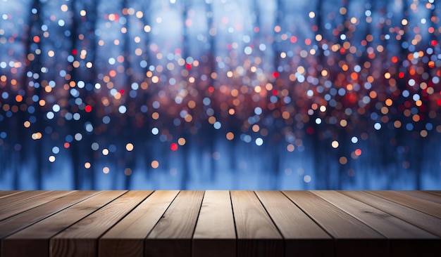 Winter background with bokeh lights and wooden background in the style of light sky blue and red