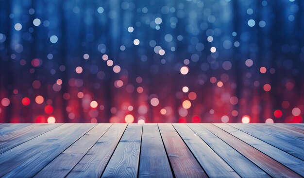 Winter background with bokeh lights and wooden background in the style of light sky blue and red