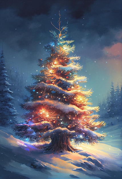 Winter background with bright lights and snow on Christmas tree with decorations